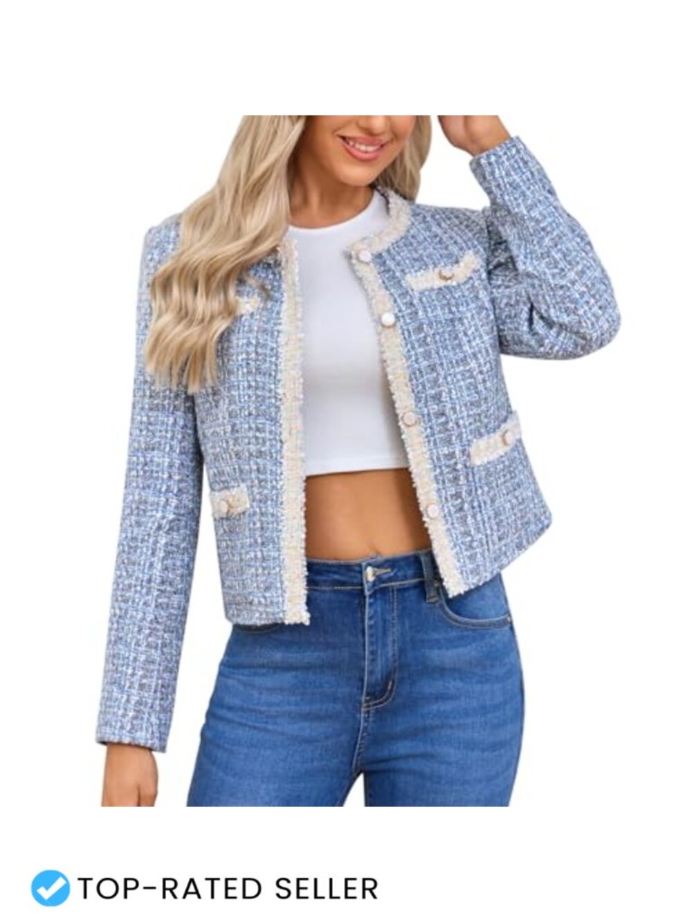 Women's Tweed Cropped Blazer Long Sleeve Collarless Plaid Jacket